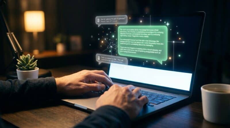 Como usar ChatGPT em laptop com balões de prompts avançados e respostas