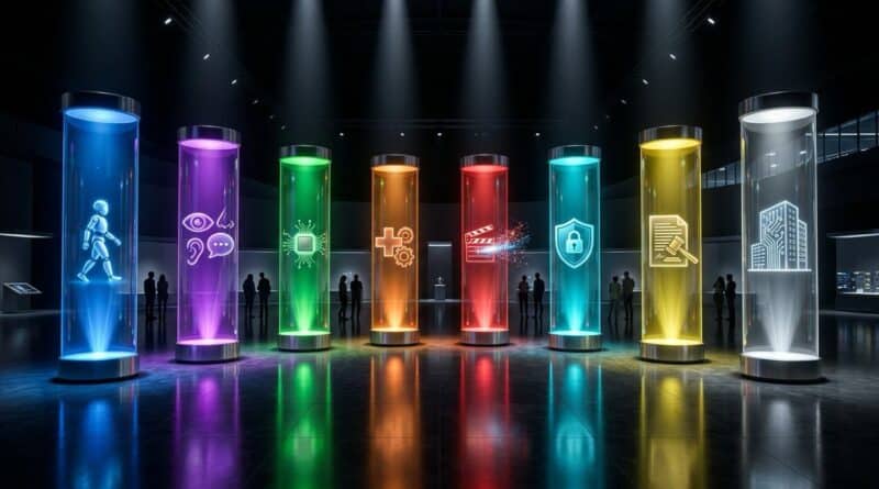 Tendências de inteligência artificial em 2026 representadas em oito colunas holográficas